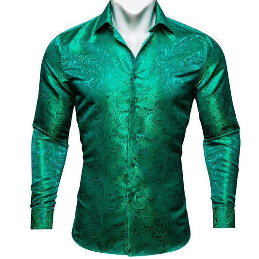 Light Green Paisley Pattern Silk Dress Shirt shirt S   - Sophisticated Gentlemen