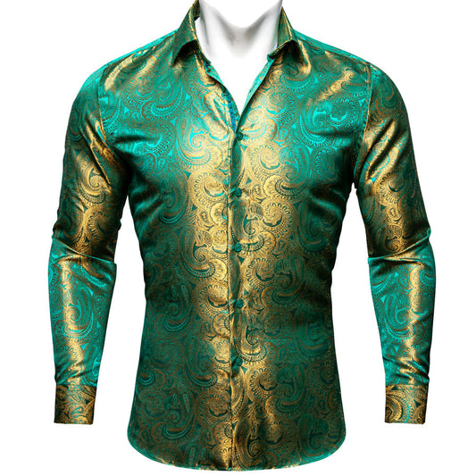 Green Golden Gradient Paisley Silk Dress Shirt shirt S   - Sophisticated Gentlemen