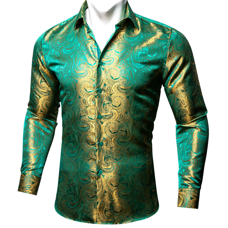 Green Golden Gradient Paisley Silk Dress Shirt shirt    - Sophisticated Gentlemen