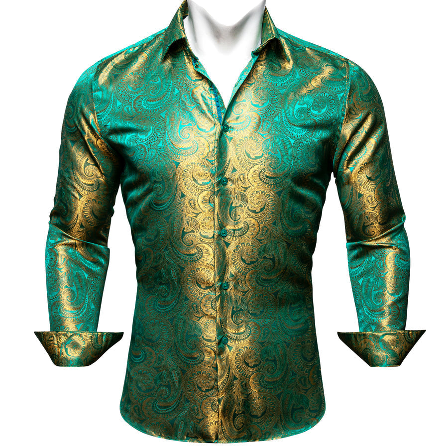 Green Golden Gradient Paisley Silk Dress Shirt shirt    - Sophisticated Gentlemen