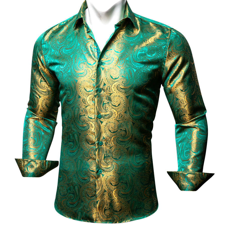 Green Golden Gradient Paisley Silk Dress Shirt shirt    - Sophisticated Gentlemen
