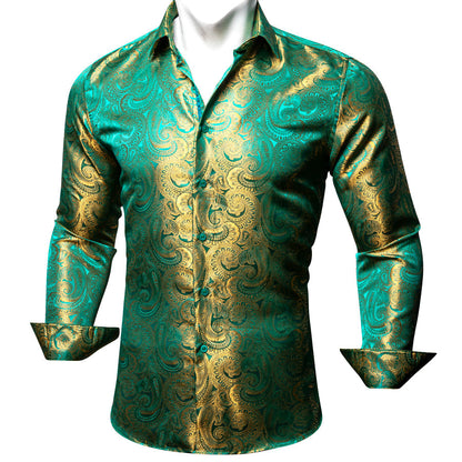 Green Golden Gradient Paisley Silk Dress Shirt shirt    - Sophisticated Gentlemen