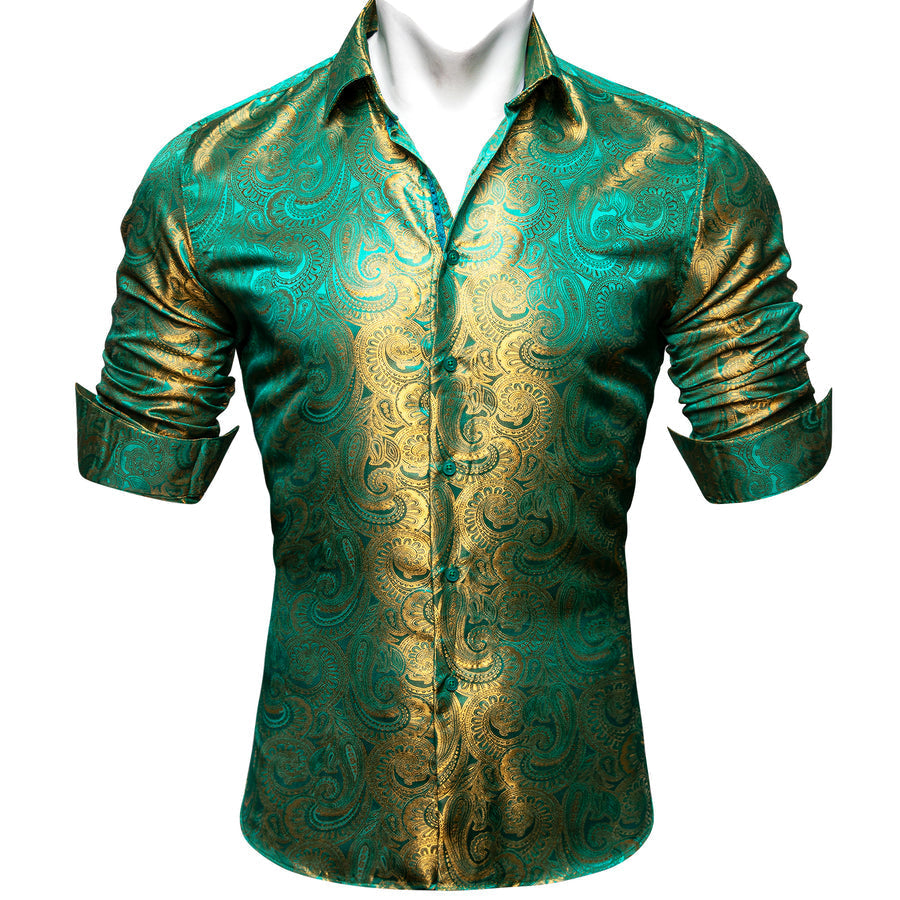 Green Golden Gradient Paisley Silk Dress Shirt shirt    - Sophisticated Gentlemen