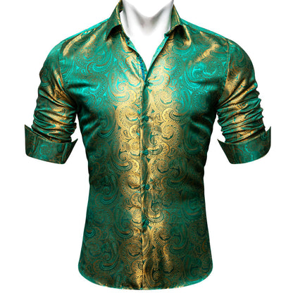 Green Golden Gradient Paisley Silk Dress Shirt shirt    - Sophisticated Gentlemen