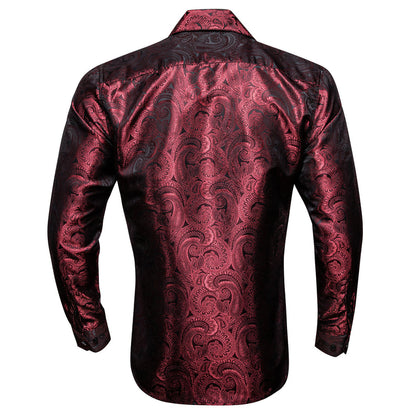 Burgundy Dark Red Paisley Pattern Silk Dress Shirt shirt    - Sophisticated Gentlemen