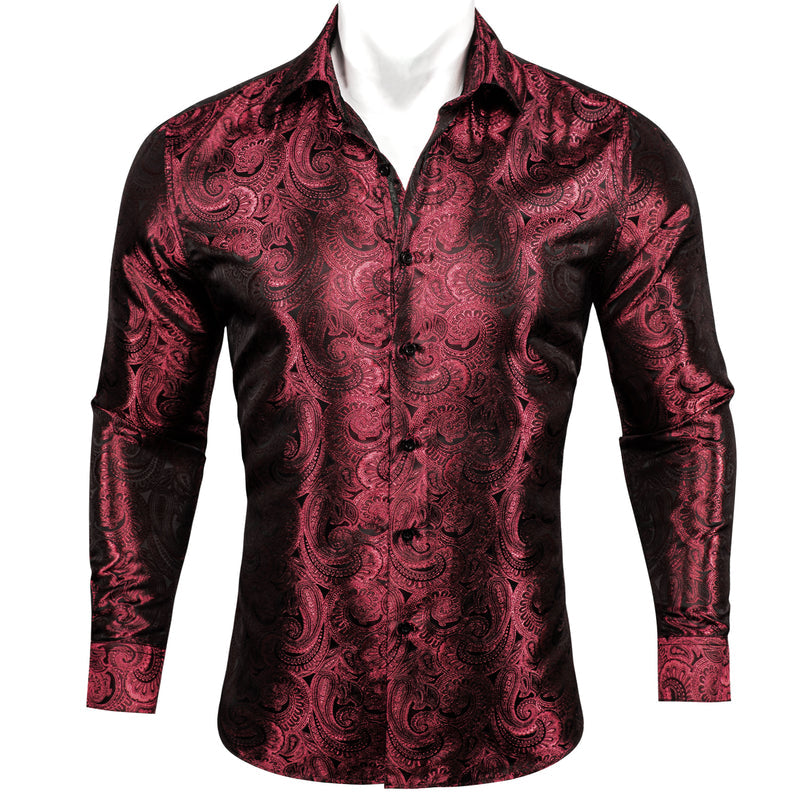 Burgundy Dark Red Paisley Pattern Silk Dress Shirt shirt S   - Sophisticated Gentlemen