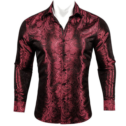 Burgundy Dark Red Paisley Pattern Silk Dress Shirt shirt S   - Sophisticated Gentlemen