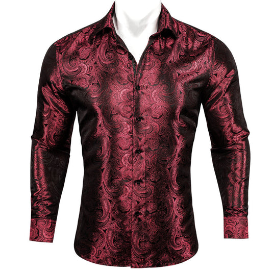 Burgundy Dark Red Paisley Pattern Silk Dress Shirt shirt S   - Sophisticated Gentlemen