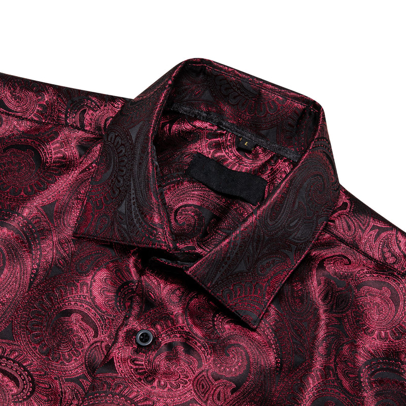 Burgundy Dark Red Paisley Pattern Silk Dress Shirt shirt    - Sophisticated Gentlemen