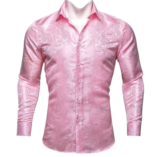 Pink Paisley Pattern Silk Dress Shirt shirt S   - Sophisticated Gentlemen