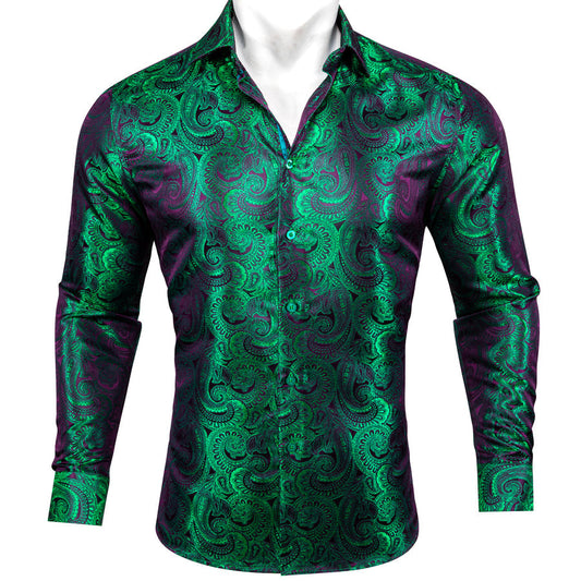 Purple Green Gradient Paisley Silk Dress Shirt shirt S   - Sophisticated Gentlemen