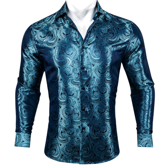 Sky Blue Paisley Pattern Silk Dress Shirt shirt S   - Sophisticated Gentlemen