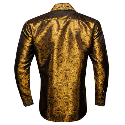 Brown Golden Paisley Pattern Silk Dress Shirt shirt    - Sophisticated Gentlemen