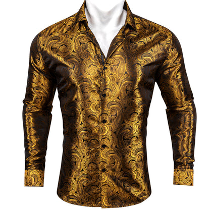 Brown Golden Paisley Pattern Silk Dress Shirt shirt S   - Sophisticated Gentlemen