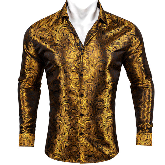 Brown Golden Paisley Pattern Silk Dress Shirt shirt S   - Sophisticated Gentlemen