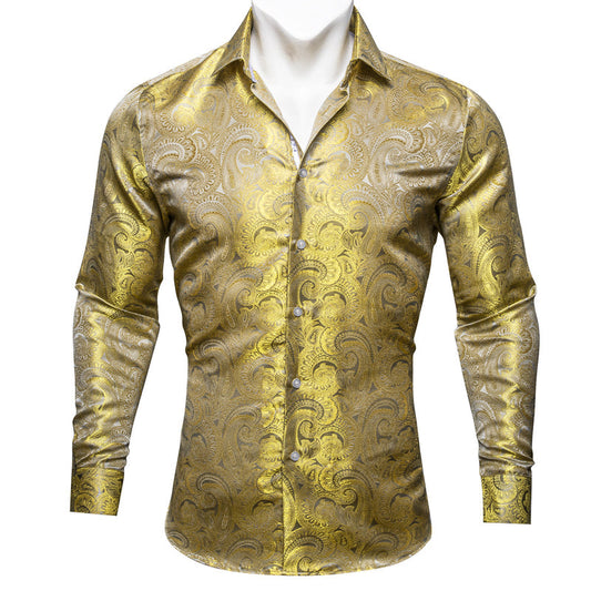 Yellow Paisley Pattern Silk Dress Shirt shirt S   - Sophisticated Gentlemen