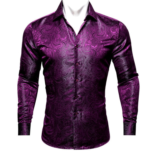 Luxury Purple Paisley Pattern Silk Dress Shirt shirt S   - Sophisticated Gentlemen