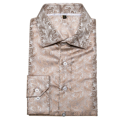 Champagne Golden Paisley Pattern Silk Dress Shirt shirt    - Sophisticated Gentlemen