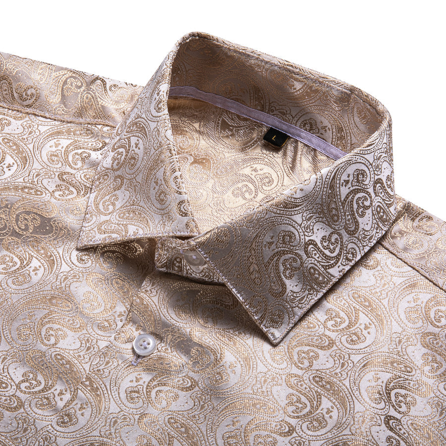 Champagne Golden Paisley Pattern Silk Dress Shirt shirt    - Sophisticated Gentlemen