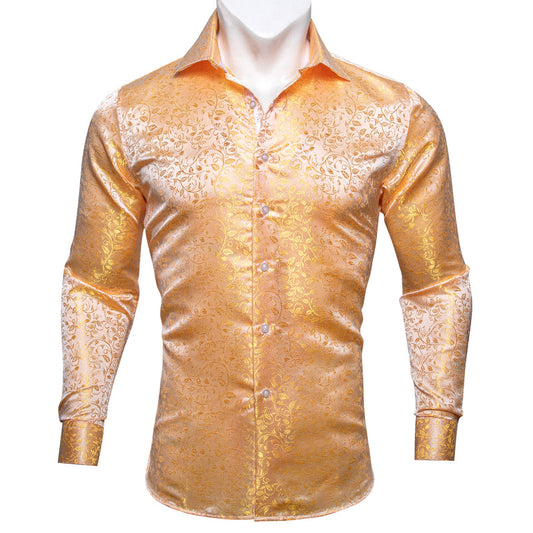 Golden Floral Pattern Silk Dress Shirt shirt S   - Sophisticated Gentlemen
