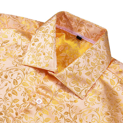 Golden Floral Pattern Silk Dress Shirt shirt    - Sophisticated Gentlemen