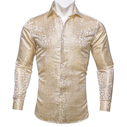 Champagne Floral Pattern Silk Dress Shirt shirt S   - Sophisticated Gentlemen