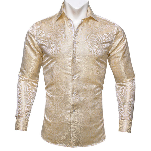 Champagne Floral Pattern Silk Dress Shirt shirt S   - Sophisticated Gentlemen