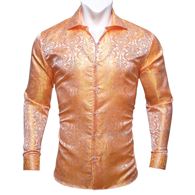 Light Orange Floral Pattern Silk Dress Shirt shirt S   - Sophisticated Gentlemen