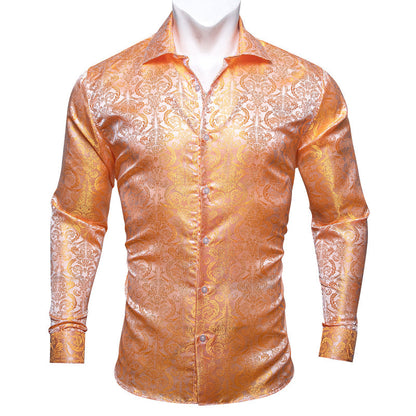 Light Orange Floral Pattern Silk Dress Shirt shirt S   - Sophisticated Gentlemen