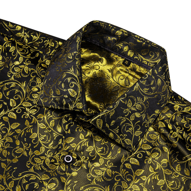 Black Golden Floral Pattern Silk Dress Shirt shirt    - Sophisticated Gentlemen
