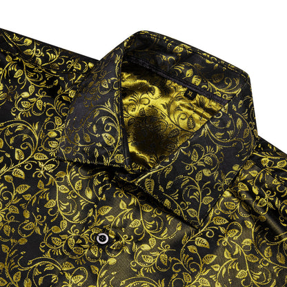 Black Golden Floral Pattern Silk Dress Shirt shirt    - Sophisticated Gentlemen
