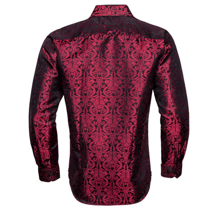 Burgundy Floral Pattern Silk Dress Shirt shirt    - Sophisticated Gentlemen