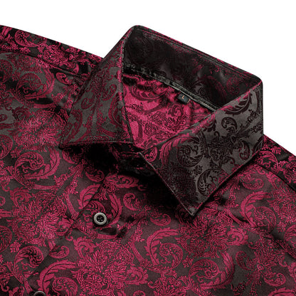 Burgundy Floral Pattern Silk Dress Shirt shirt    - Sophisticated Gentlemen