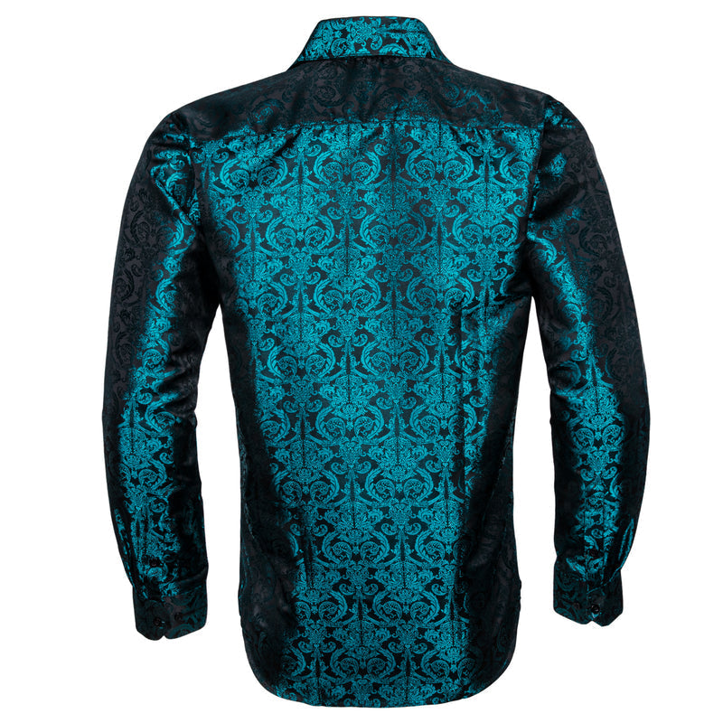 Dark Lake Blue Floral Pattern Silk Dress Shirt shirt    - Sophisticated Gentlemen