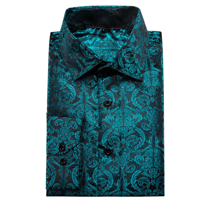 Dark Lake Blue Floral Pattern Silk Dress Shirt shirt    - Sophisticated Gentlemen