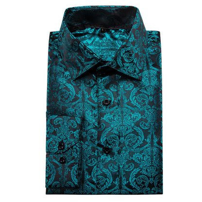 Dark Lake Blue Floral Pattern Silk Dress Shirt shirt    - Sophisticated Gentlemen