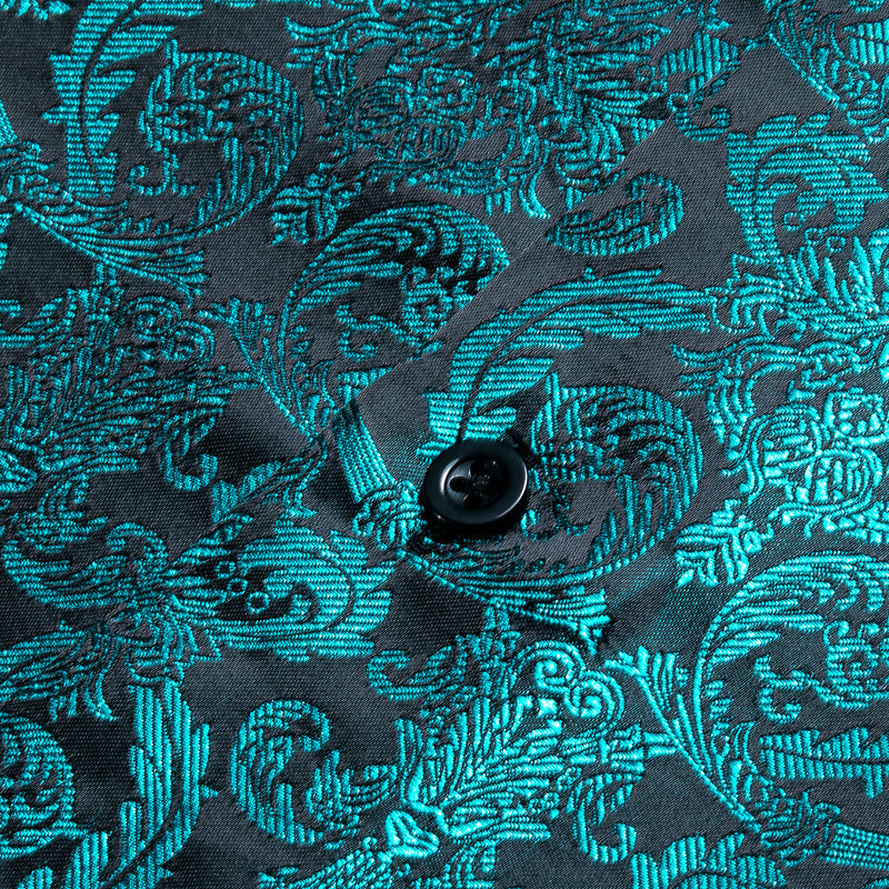 Dark Lake Blue Floral Pattern Silk Dress Shirt shirt    - Sophisticated Gentlemen