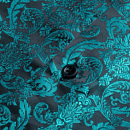 Dark Lake Blue Floral Pattern Silk Dress Shirt shirt    - Sophisticated Gentlemen