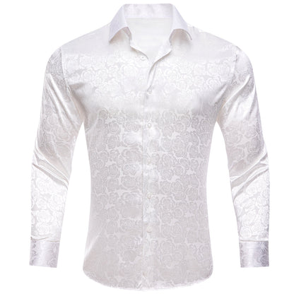 White Floral Rose Silk Dress Shirt shirt S   - Sophisticated Gentlemen