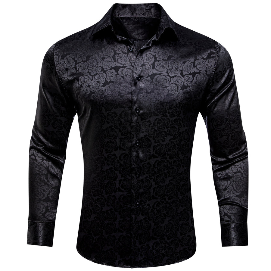 Black Floral Rose Silk Dress Shirt shirt S   - Sophisticated Gentlemen