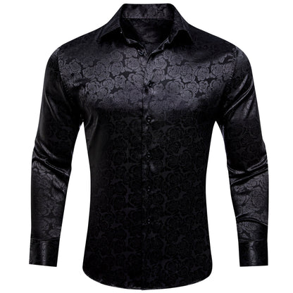 Black Floral Rose Silk Dress Shirt shirt S   - Sophisticated Gentlemen