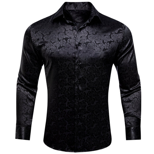 Black Floral Rose Silk Dress Shirt shirt S   - Sophisticated Gentlemen