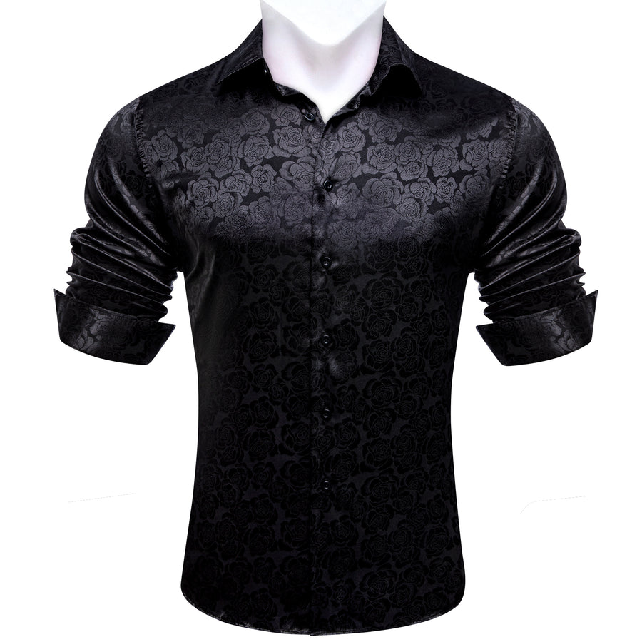 Black Floral Rose Silk Dress Shirt shirt    - Sophisticated Gentlemen