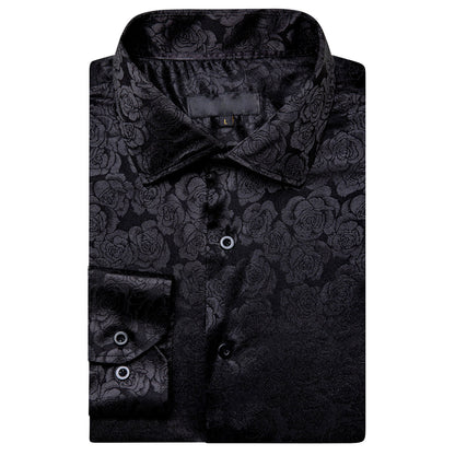Black Floral Rose Silk Dress Shirt shirt    - Sophisticated Gentlemen