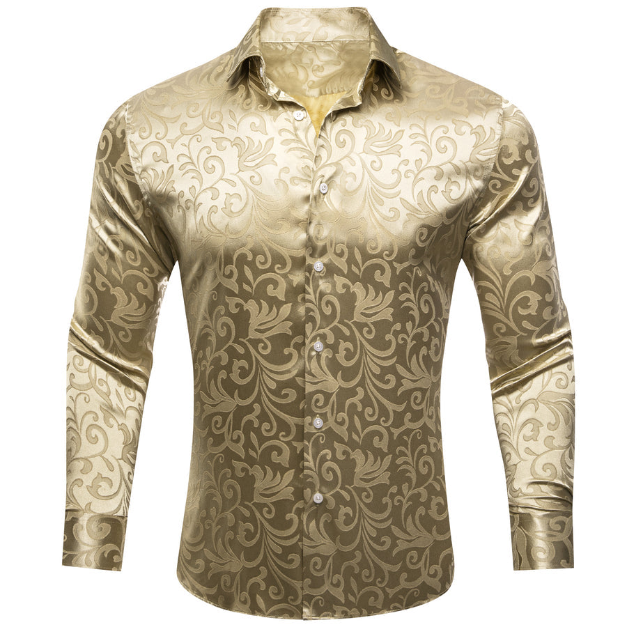 Champagne Gold Floral Leaf Silk Dress Shirt shirt S   - Sophisticated Gentlemen