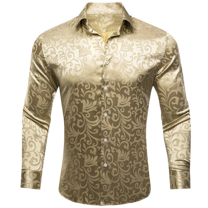 Champagne Gold Floral Leaf Silk Dress Shirt shirt S   - Sophisticated Gentlemen