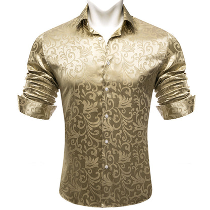 Champagne Gold Floral Leaf Silk Dress Shirt shirt    - Sophisticated Gentlemen