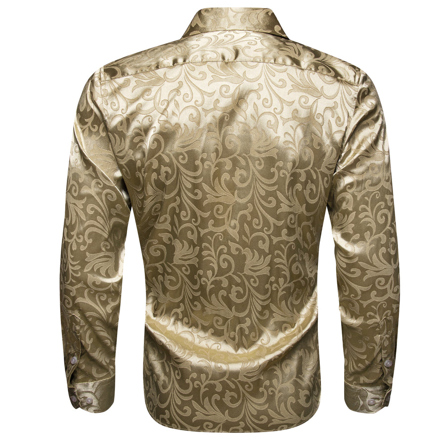 Champagne Gold Floral Leaf Silk Dress Shirt shirt    - Sophisticated Gentlemen