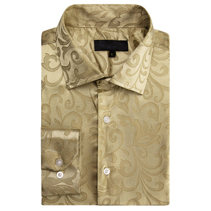 Champagne Gold Floral Leaf Silk Dress Shirt shirt    - Sophisticated Gentlemen