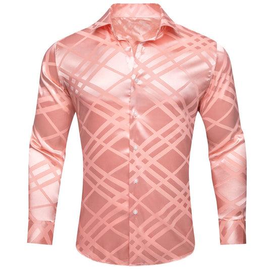 Baby Pink Plaid Silk Dress Shirt shirt S   - Sophisticated Gentlemen